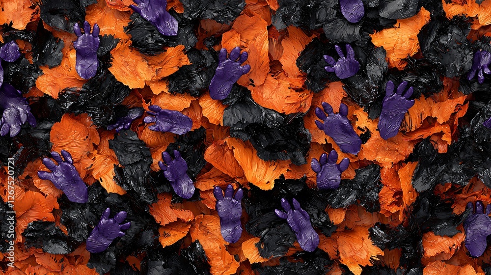 Halloween purple footprints on autumn leaves Halloween purple footprints on autumn leaves