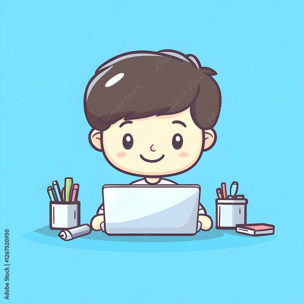 Man Working on Laptop with Office Supplies in Doodle Art Style with Pastel Colors Man Working on Laptop with Office Supplies in Doodle Art Style with Pastel Colors
