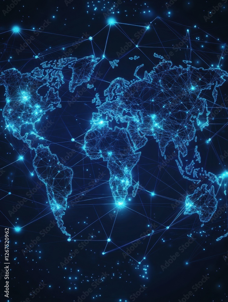 World map with abstract global data connections and telecommunication network lines. Vector illustration displaying interconnected nodes and business data flow. World map with abstract global data connections and telecommunication network lines. Vector illustration displaying interconnected nodes and business data flow.