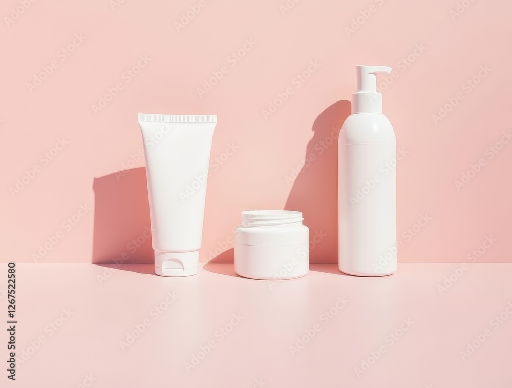 White unlabeled cosmetic products on pink background casting shadows White unlabeled cosmetic products on pink background casting shadows