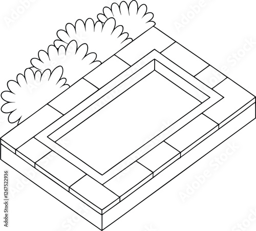 Isometric Drawing Rectangular Planter Box with Brick Border and Plants