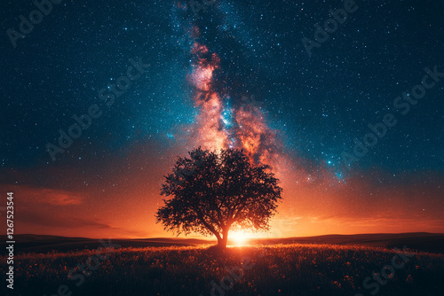 Celestial Bloom, A Solitary Tree Bathed in Cosmic Dawn Light