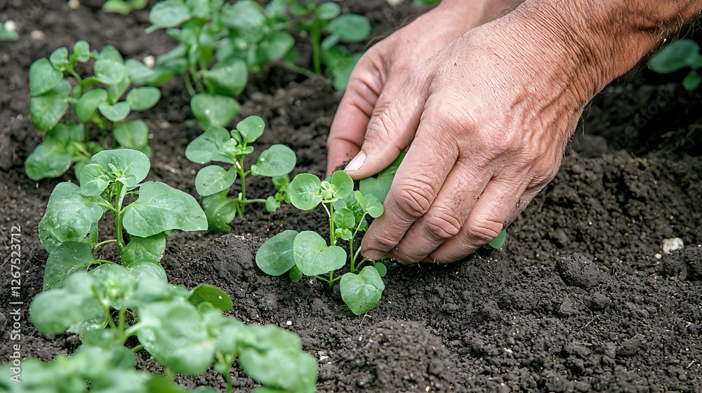 Hands planting seedlings in garden bed Hands planting seedlings in garden bed