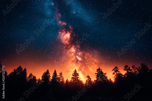 Celestial Radiance, Forest Silhouettes under a Cosmic Sky Spectacle