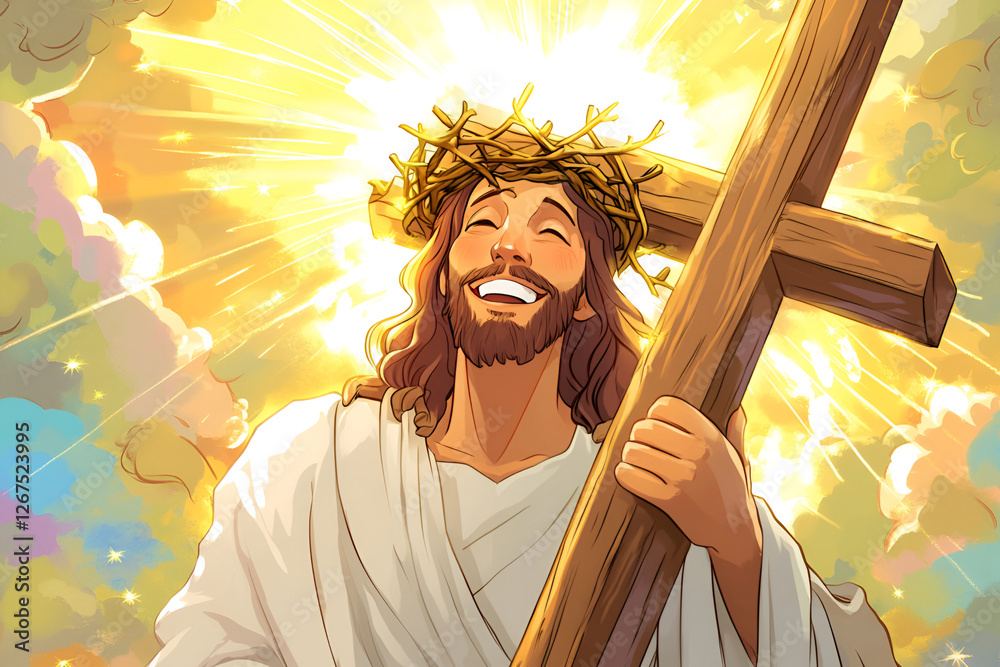 Obraz premium Joyful Jesus Christ with crown of thorns and cross in radiant light