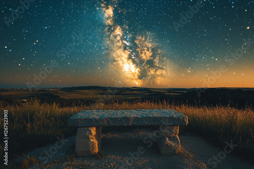 Contemplative Stone Bench Under a Celestial Symphony of Starlight