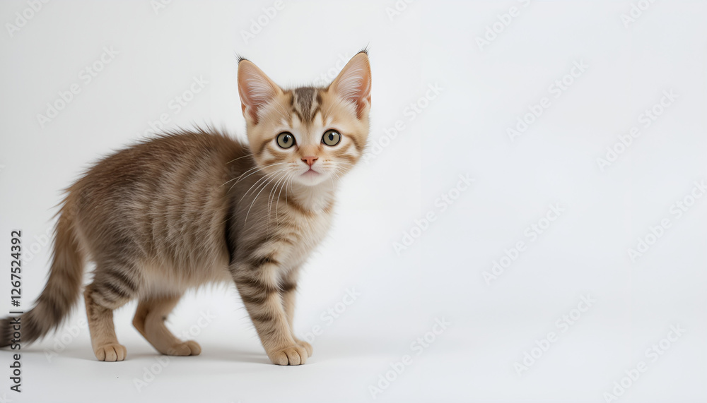 a kitten with expressive eyes and fluffy fur. It looks curious and playful, with a white wall background, and there is free space for text. a kitten with expressive eyes and fluffy fur. It looks curious and playful, with a white wall background, and there is free space for text.