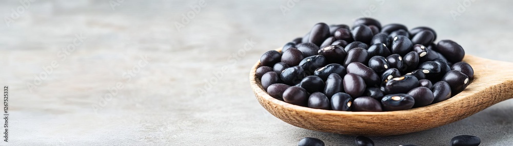 Black beans in a wooden spoon, wholesome plant-based protein ingredient