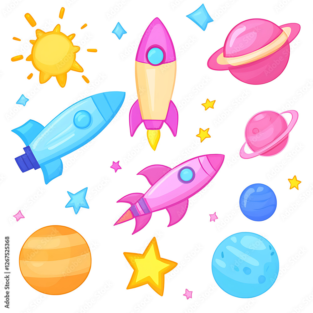 Naklejka premium Cartoon Solar System Elements Rockets and Planets for Kids Bright and Cheerful Space Adventure