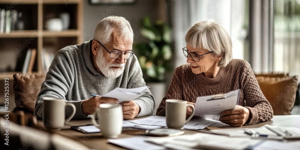 Elderly Couple Sitting at Table, Surrounded by Paperwork and Coffee in a Cozy Home Environment
Elderly Couple Sitting at Table, Surrounded by Paperwork and Coffee in a Cozy Home Environment