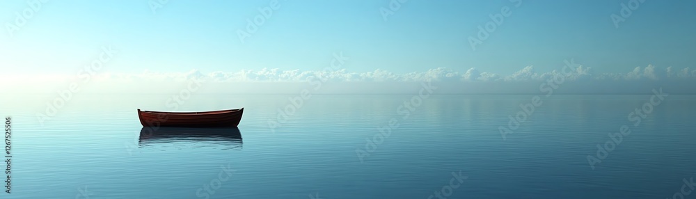 Lone boat on calm ocean waters, person floating peacefully, serene blue skies above, daytime peaceful atmosphere, highresolution, 8K Lone boat on calm ocean waters, person floating peacefully, serene blue skies above, daytime peaceful atmosphere, highresolution, 8K