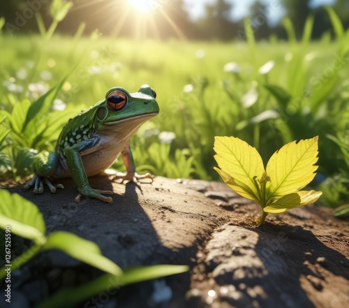 Tiny frog and Darmera leaf in a sunny summer meadow, nature photography, natural surroundings, wildlife sanctuary