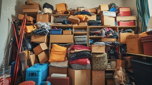 A cluttered storage space filled with stacked cardboard boxes plastic bins and miscellaneous household items creating a packed and chaotic atmosphere

