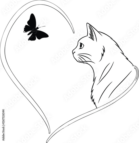 Heartfelt Cat and Butterfly Line Art Elegant Pet Memorial Design