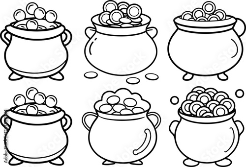 Set of funny pot with coins outline vector illustration