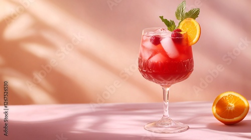 Wallpaper Mural A close up of a stemmed glass with ruby-red spring berry sangria, garnished with an orange slice and fresh mint, isolated on a soft pastel background Torontodigital.ca