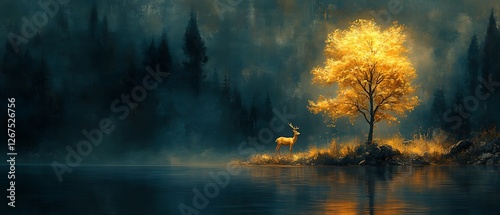 Majestic Deer by a Golden Autumn Tree by a Misty Lake