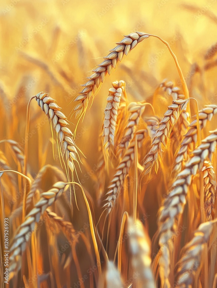 Obraz premium Golden wheat field glowing in afternoon sunlight, wheat, agriculture