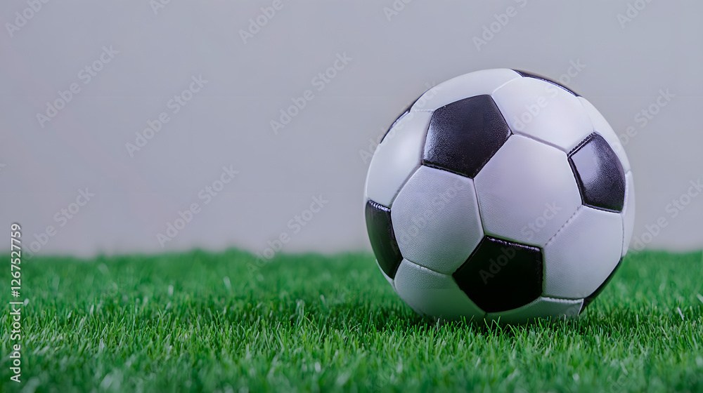 Fototapeta premium Classic Black and White Soccer Ball on Green Grass Background