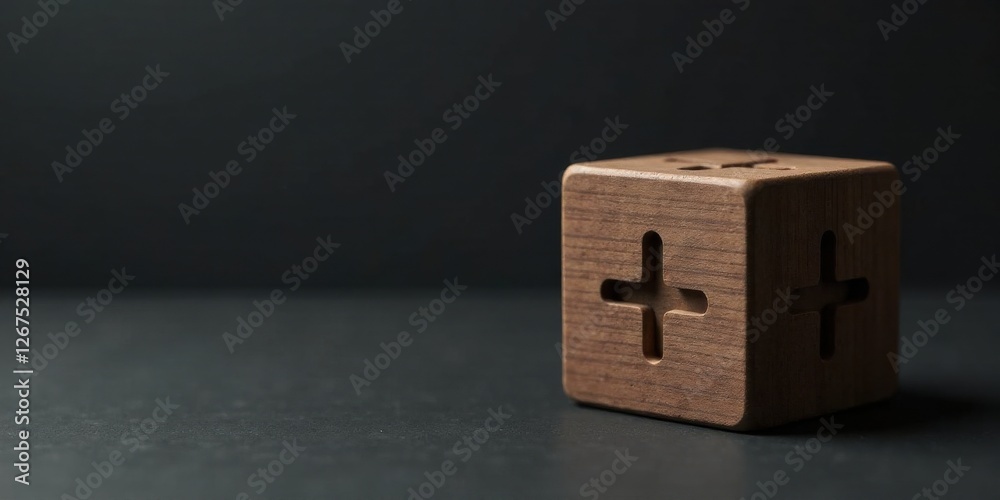 Wooden Cube with Cutout Plus Symbols on Dark Surface A Minimalist Design Concept Wooden Cube with Cutout Plus Symbols on Dark Surface A Minimalist Design Concept