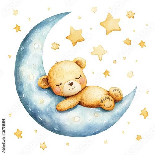 Sweet Teddy Bear Sleeping Soundly on a Crescent Moon under Twinkling Stars Peaceful Nighttime Dreams,