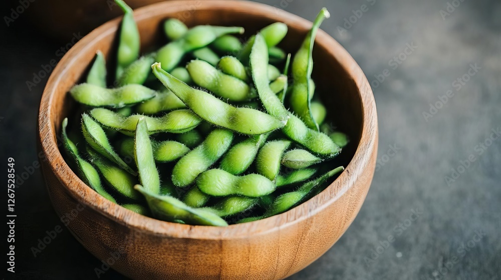Edamame beans in a wooden bowl, high-protein plant-based snack Edamame beans in a wooden bowl, high-protein plant-based snack