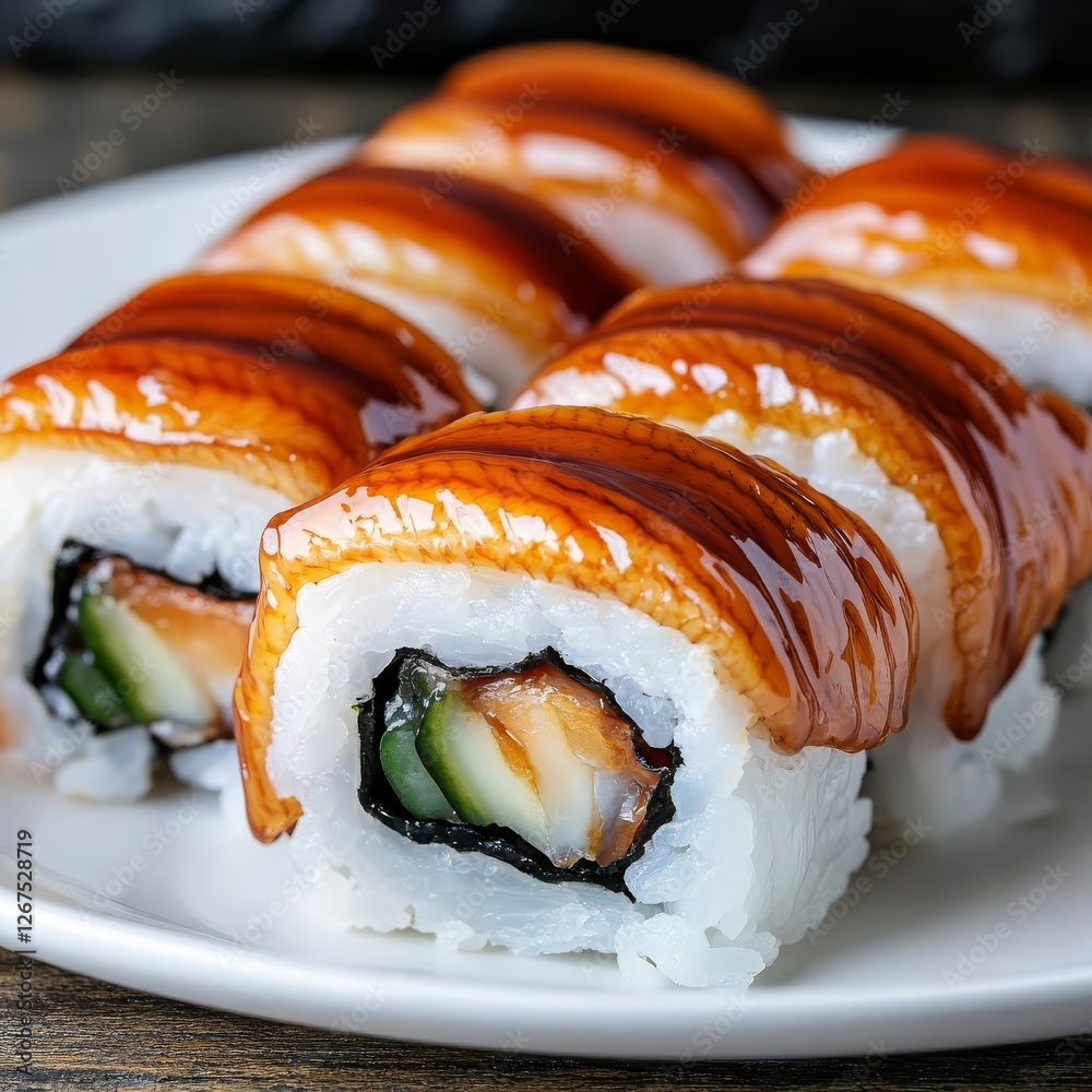 Eel sushi roll with sweet glaze, high-protein seafood cuisine Eel sushi roll with sweet glaze, high-protein seafood cuisine