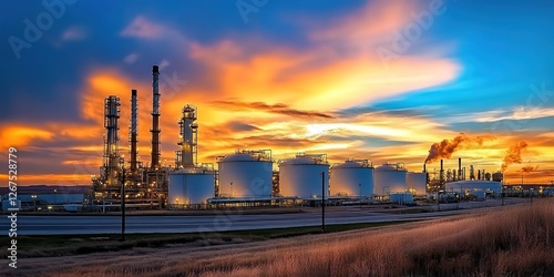 A beautiful photograph of an oil and gas refinery at sunset, with large white storage tanks in front of the main buildings. 