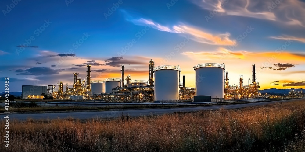 A beautiful photograph of an oil and gas refinery at sunset, with large white storage tanks in front of the main buildings. A beautiful photograph of an oil and gas refinery at sunset, with large white storage tanks in front of the main buildings.