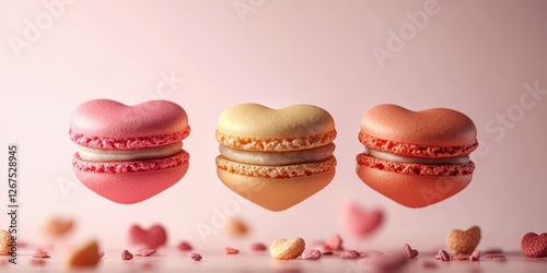 Heart-shaped macarons displayed attractively against a soft pink background for a sweet dessert presentation photo