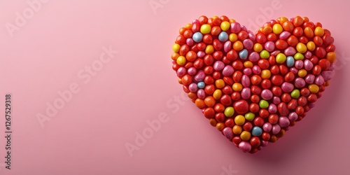 Colorful candy heart arranged beautifully on a pink background for celebration and decoration photo