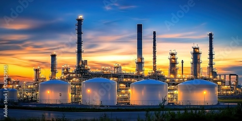 A beautiful photograph of an oil and gas refinery at sunset, with large white storage tanks in front of the main buildings. 