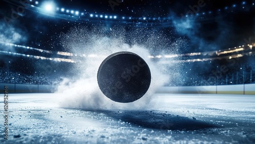 A black hockey puck flies across the ice, leaving behind smoke and sparks in an action shot. 