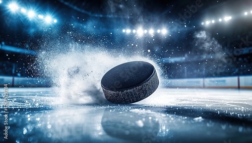 A black hockey puck flies across the ice, leaving behind smoke and sparks in an action shot. 