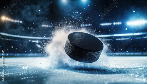 A black hockey puck flies across the ice, leaving behind smoke and sparks in an action shot. 
