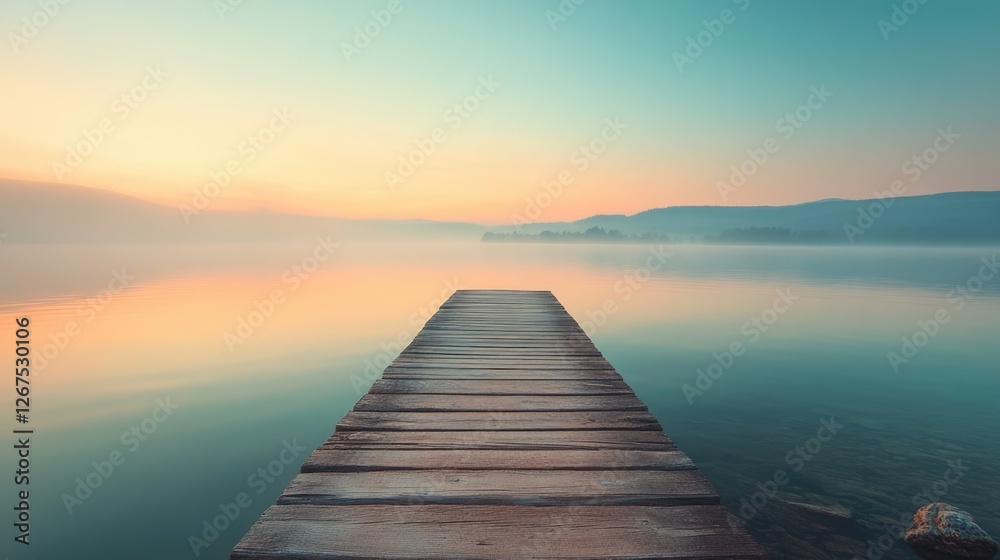 Tranquil Sunrise over Misty Lake with Wooden Dock Tranquil Sunrise over Misty Lake with Wooden Dock