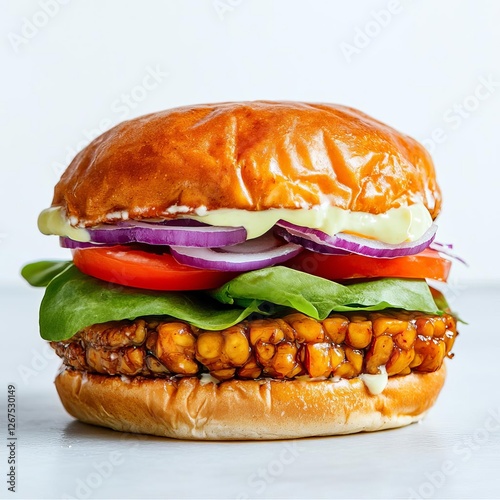 Fermented soy tempeh burger with fresh toppings, plant-based protein