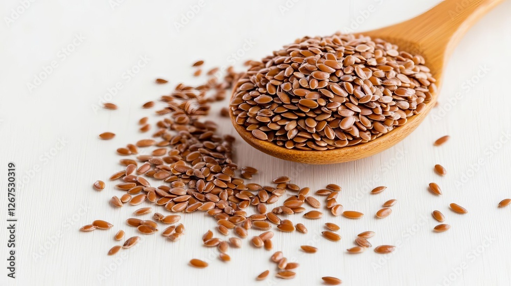 Flaxseeds scattered on a wooden spoon, plant-based omega-3 and protein source Flaxseeds scattered on a wooden spoon, plant-based omega-3 and protein source