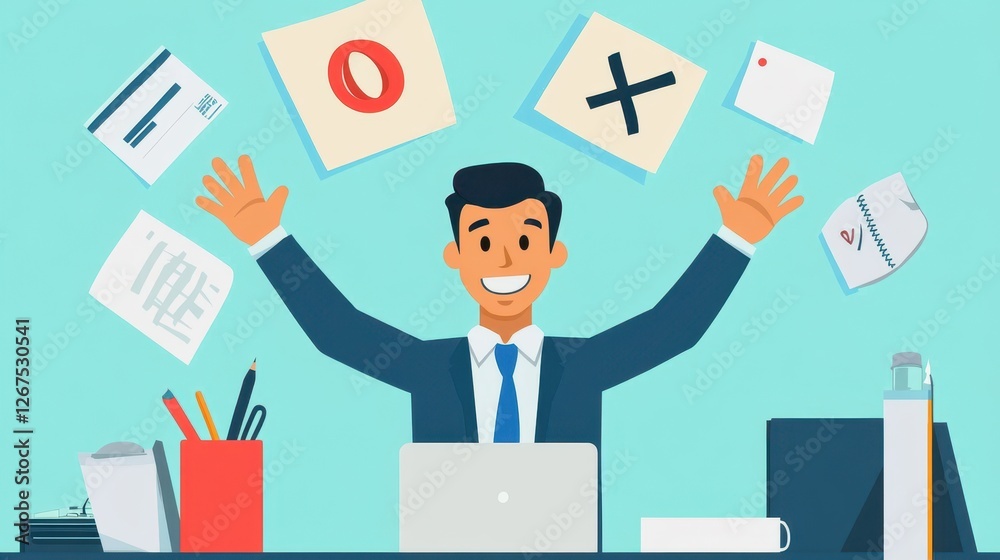 Happy Businessman with Papers in Colorful Office Setting Happy Businessman with Papers in Colorful Office Setting