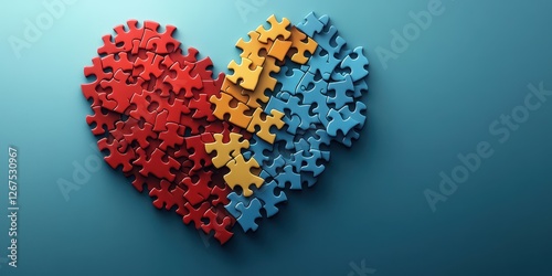Puzzle pieces forming a heart shape in vibrant colors on a blue background during a creative art session