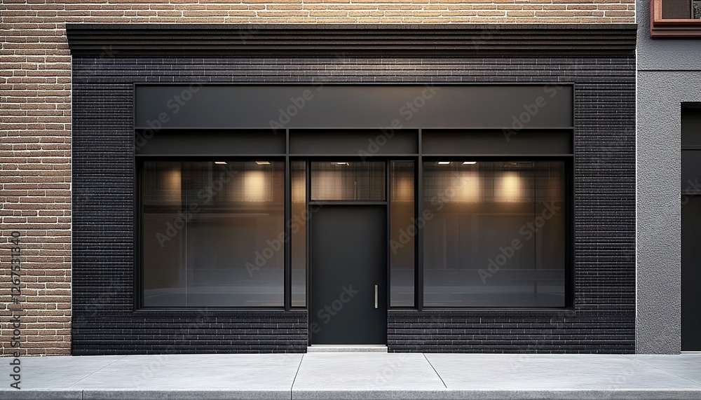 A realistic front view of an empty black storefront with large windows on the ground floor and brick walls behind it. A realistic front view of an empty black storefront with large windows on the ground floor and brick walls behind it.