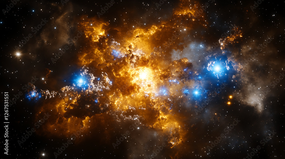 Fototapeta premium Celestial Tapestry Weaving Gold and Blue Galaxy Dust with Cosmic Star Formation Regions in the Void