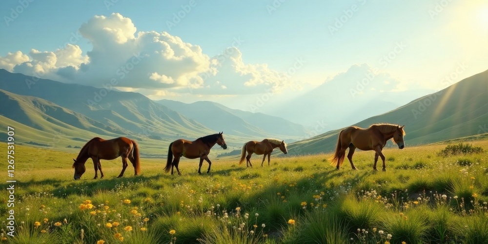 Fototapeta premium Serene Meadow Sunset Four Horses Grazing Peacefully Amidst Blooming Wildflowers and Rolling Green Hills Under a Vast Sky
