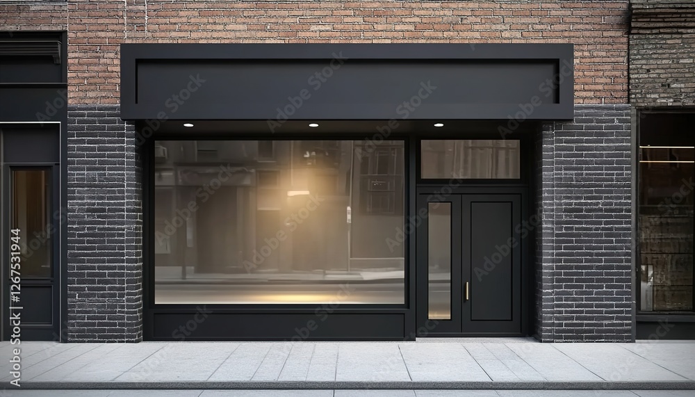 A realistic front view of an empty black storefront with large windows on the ground floor and brick walls behind it. A realistic front view of an empty black storefront with large windows on the ground floor and brick walls behind it.