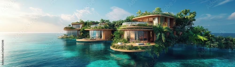 Create a sustainable utopia on the sea, with zero-waste architecture and lush greenery Create a sustainable utopia on the sea, with zero-waste architecture and lush greenery