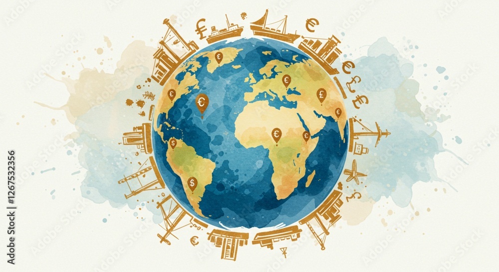 Naklejka premium Global Trade Watercolor Earth with International Shipping Commerce and Currency Symbols
