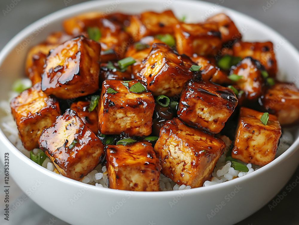 a bowl of tofu cubes, glazed with soy sauce, served over a bed of white rice and garnished with chopped green onions. The tofu has a shiny appearance a bowl of tofu cubes, glazed with soy sauce, served over a bed of white rice and garnished with chopped green onions. The tofu has a shiny appearance