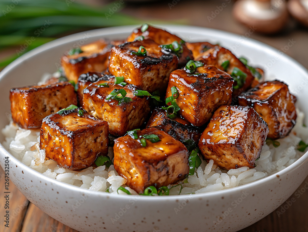 a bowl of tofu cubes, glazed with soy sauce, served over a bed of white rice and garnished with chopped green onions. The tofu has a shiny appearance a bowl of tofu cubes, glazed with soy sauce, served over a bed of white rice and garnished with chopped green onions. The tofu has a shiny appearance