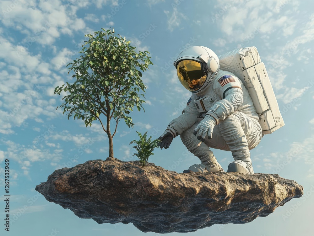 Naklejka premium An astronaut planting a tree on a floating island