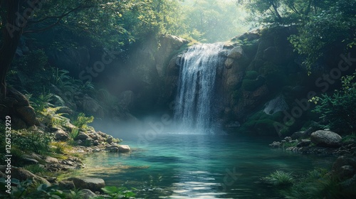 Serene Waterfall Cascades Into Lush Green Pool